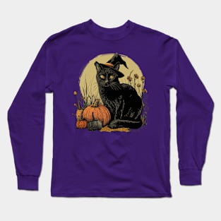 Vintage Halloween Black Cat Witch Retro Cute Super Cool Best Gift Long Sleeve T-Shirt